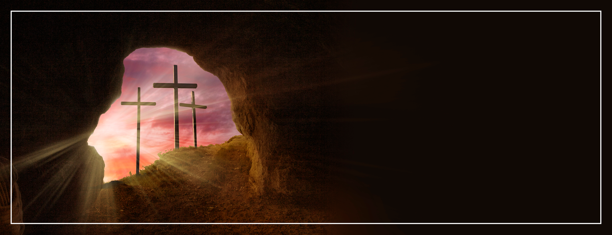 Easter services banner with an open tomb and 3 crosses at daybreak.