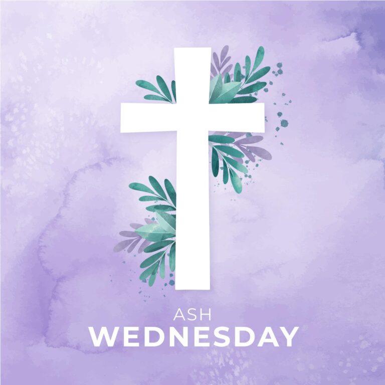 Ash Wednesday - white cross and green leaves on purple background