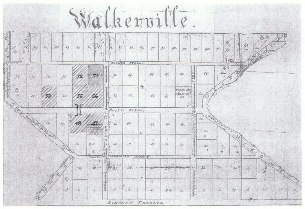 Map depicting plots of land in Walkerville, plots for St Andrew's Church and School are coloured in
