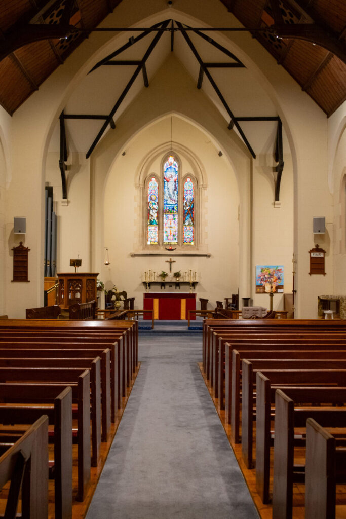 Church front with pews
